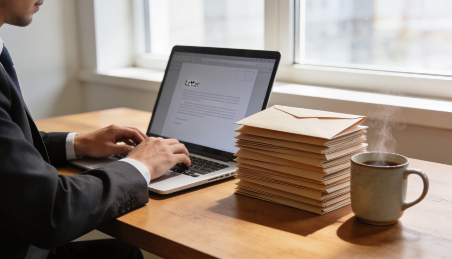 Professional office worker in a modern, bright workspace sending a digital letter on a laptop
