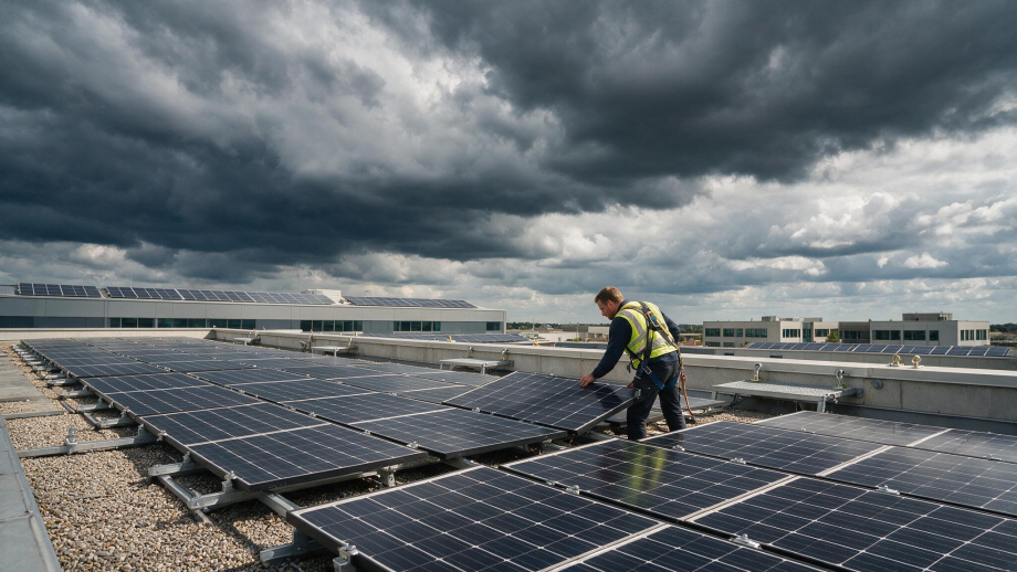 Professional rooftop technician in safety harness and high-visibility vest inspecting solar panel modules on a commercial building rooftop