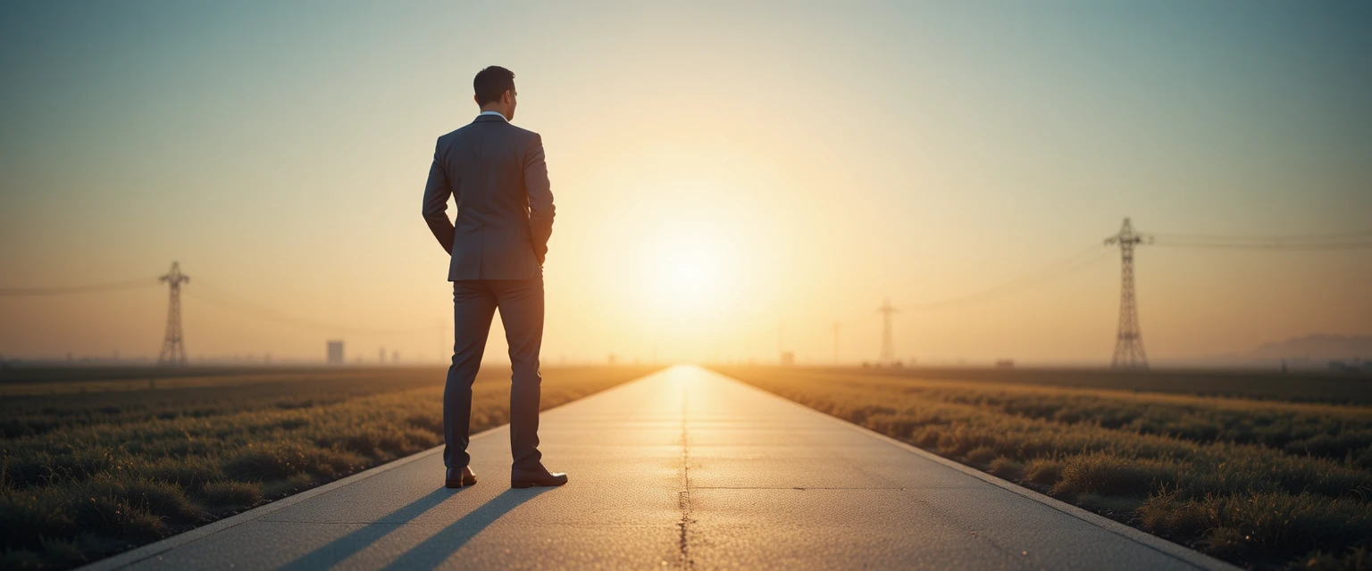 A professional person in business casual attire standing confidently on a clear path leading towards a bright horizon