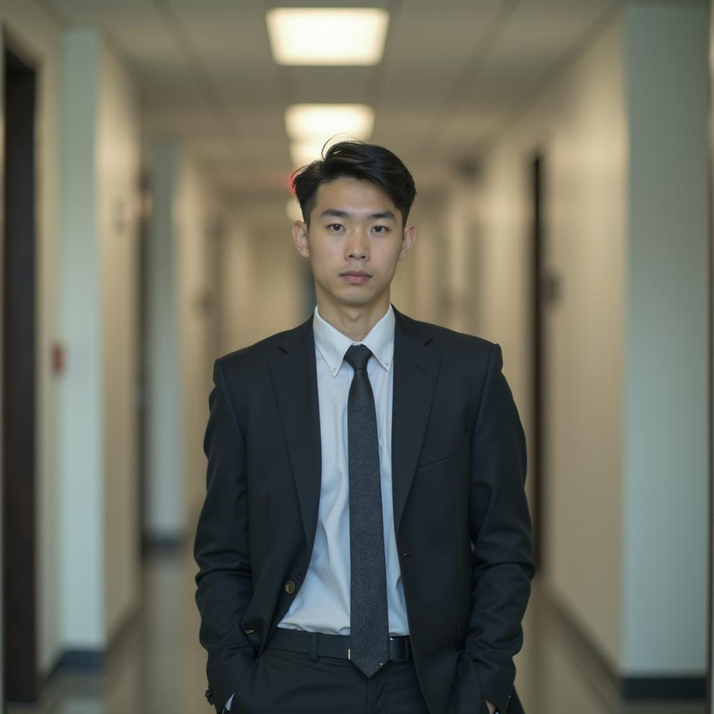 A young professional in formal business attire standing at the beginning of a government office hallway