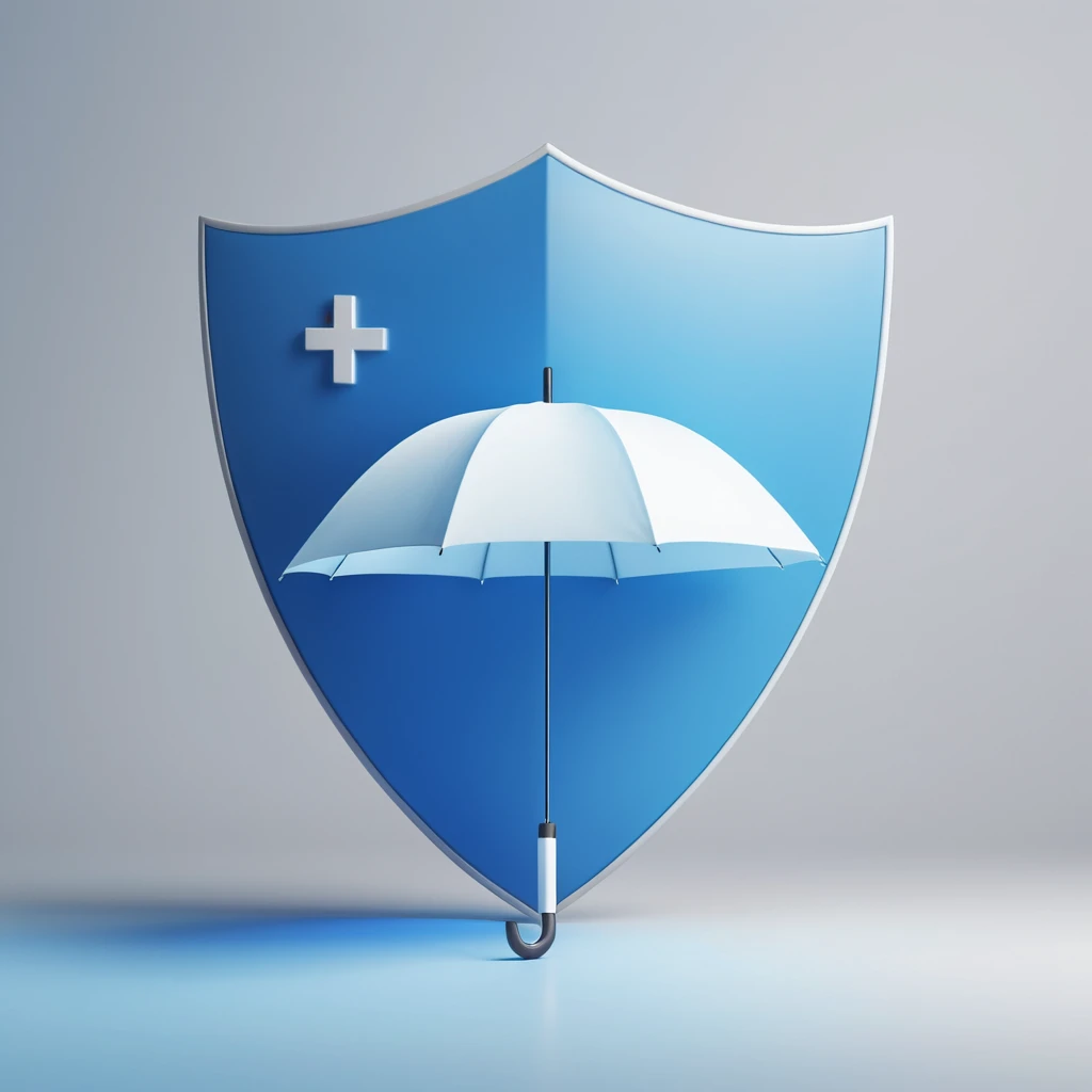 A 3D rendered protective umbrella or shield icon with a checkmark