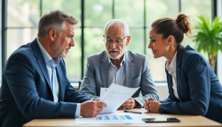 mature financial advisor in modern office showing documents to concerned middle-aged couple