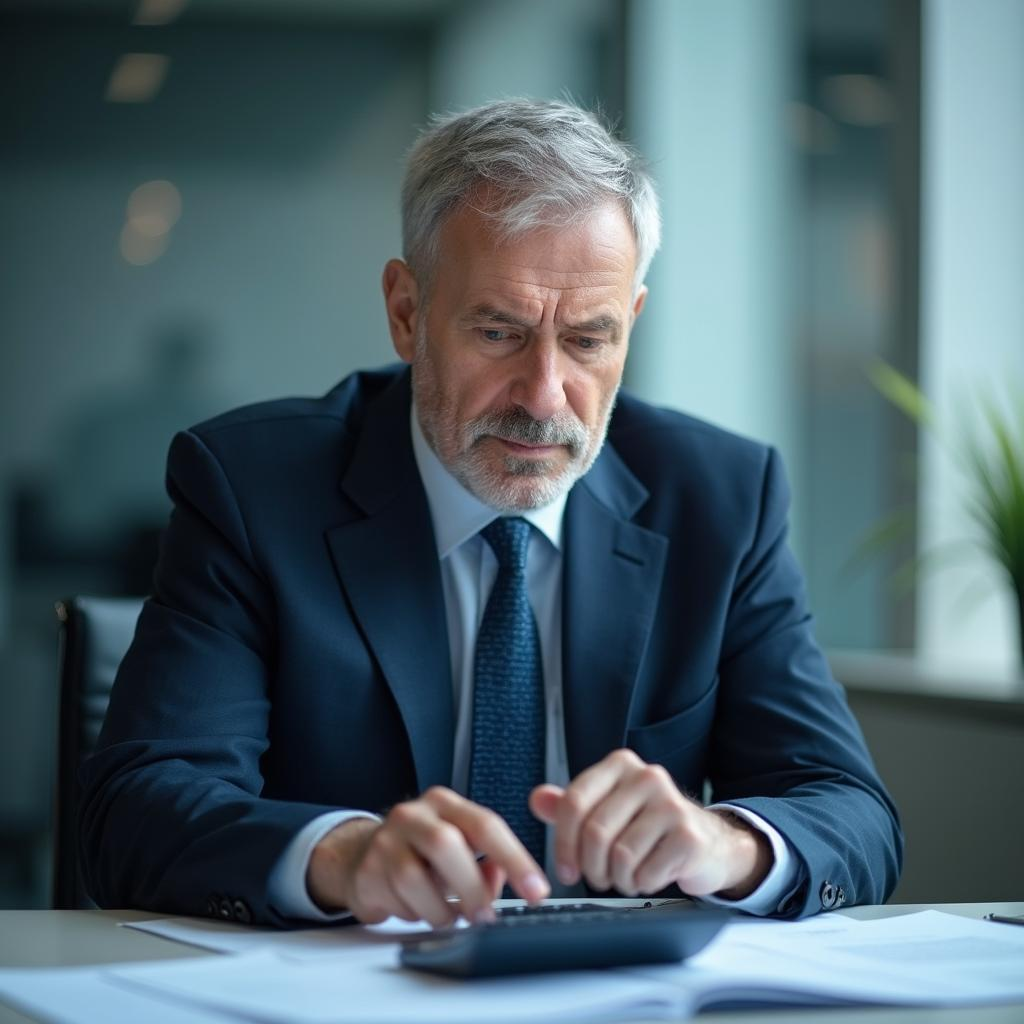 A mature professional civil servant in formal attire looking thoughtfully at pension documents or calculator in a modern office