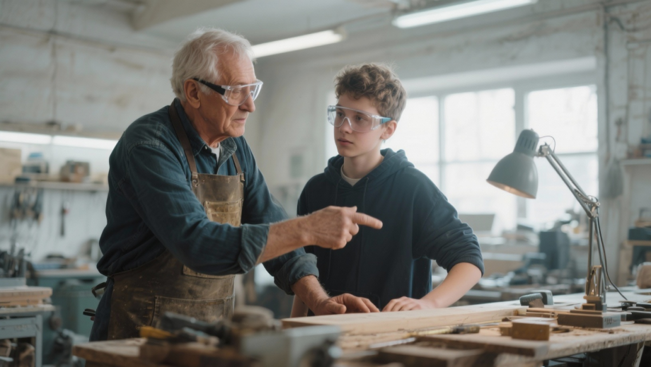 experienced senior craftsman in his 60s mentoring young apprentice in modern workshop