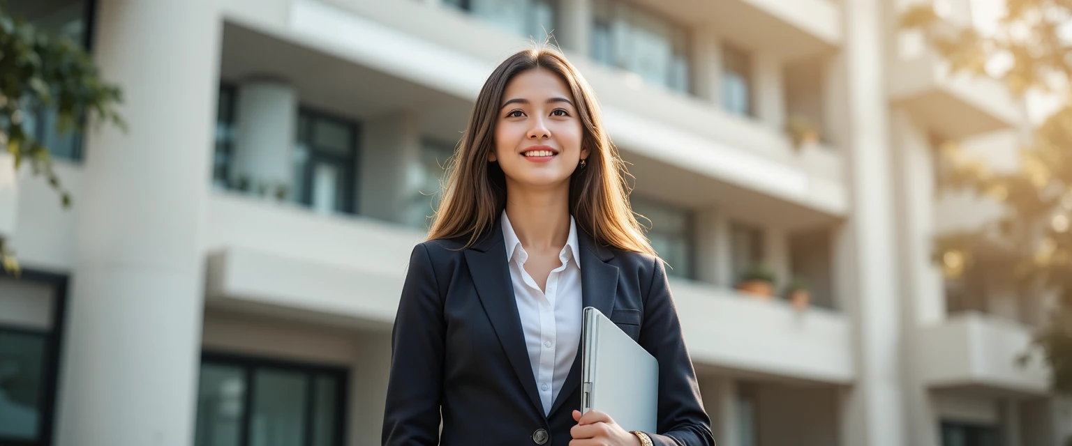 A young person in their early 20s, wearing casual business attire