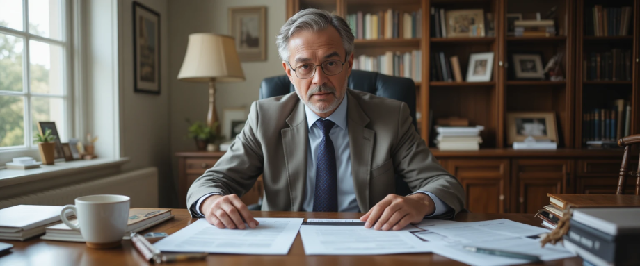 Senior businessman at home office desk, looking at official documents with concerned expression