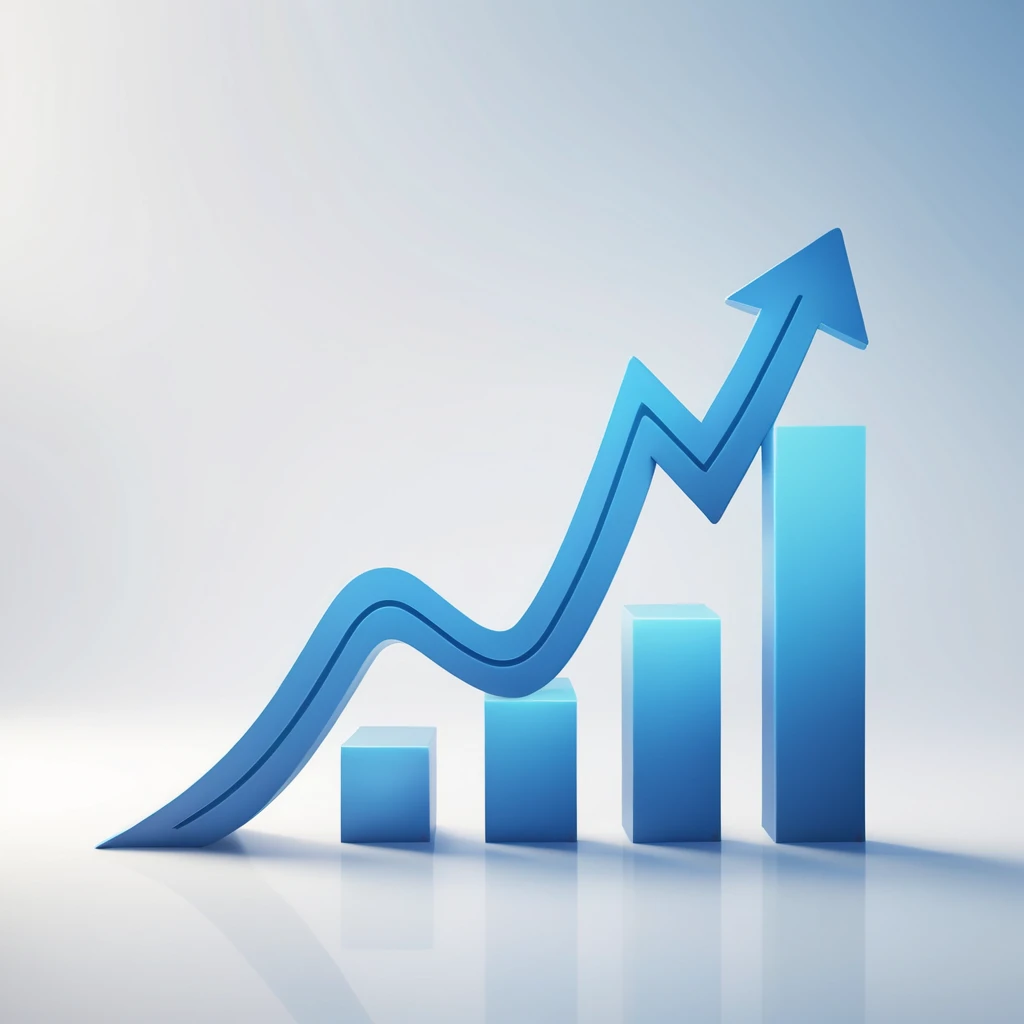 A 3D rendered upward arrow or growth chart icon with dynamic curves