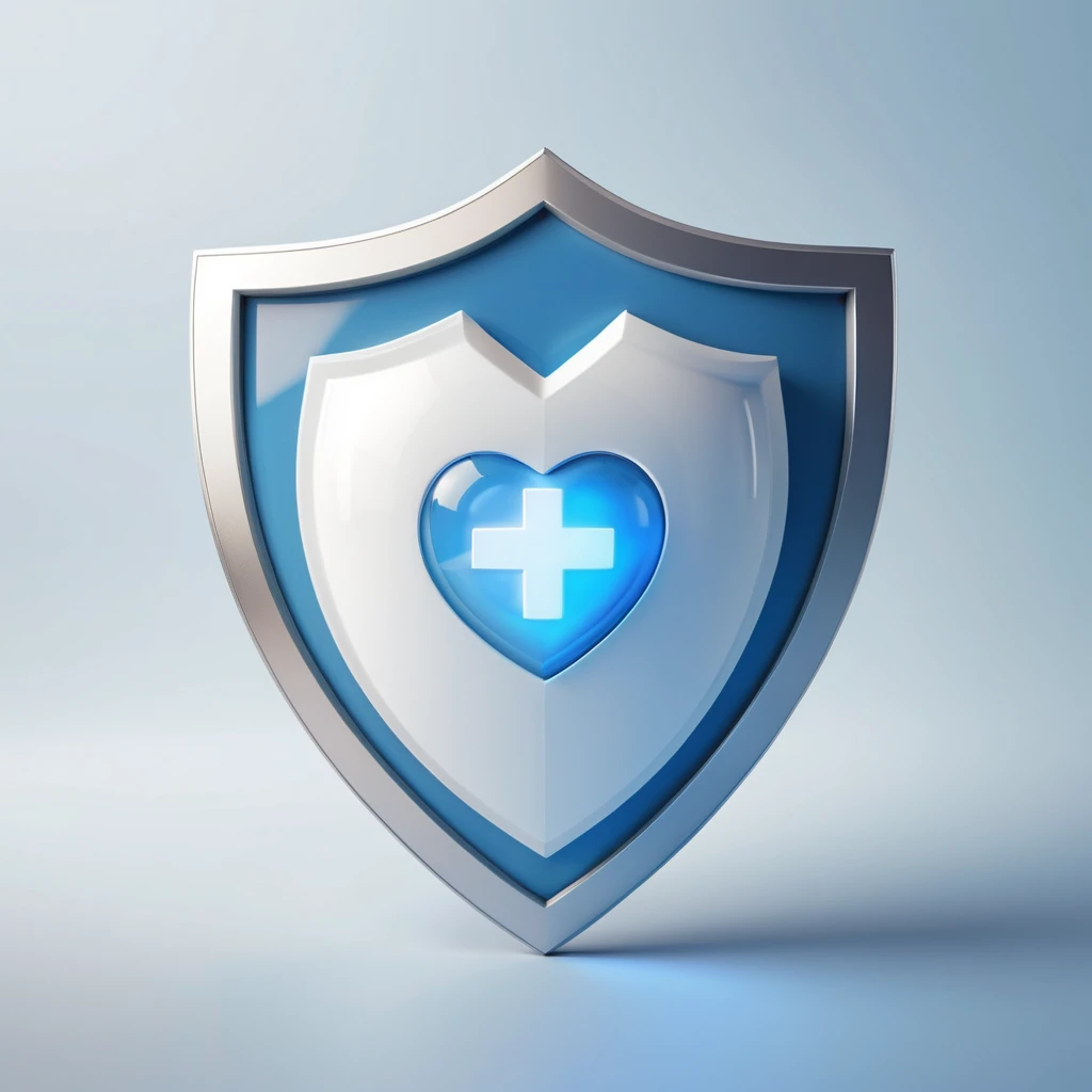 A 3D rendered medical shield icon with a heart symbol in the center