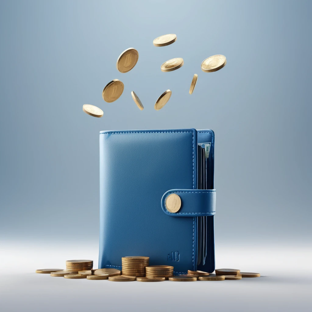 A 3D rendered wallet icon with coins falling or disappearing