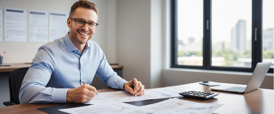 Professional business photography of a confident entrepreneur in modern office