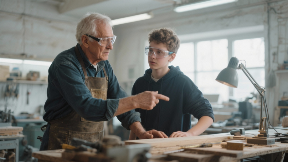 experienced senior craftsman in his 60s mentoring young apprentice in modern workshop