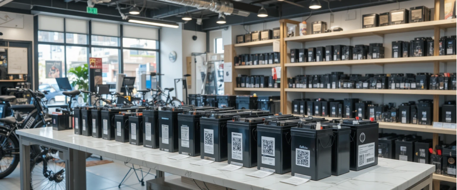 E-bike shop interior with various battery types on display table, QR code labels visible, professional retail environment, bright lighting, business photography style, organized battery storage system
