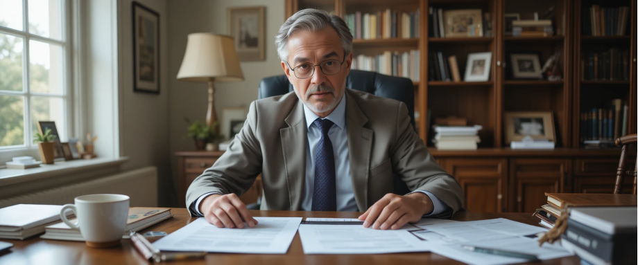 Senior businessman at home office desk, looking at official documents with concerned expression