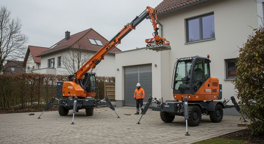 Compact mini crane with spider-leg stabilizers on a residential driveway